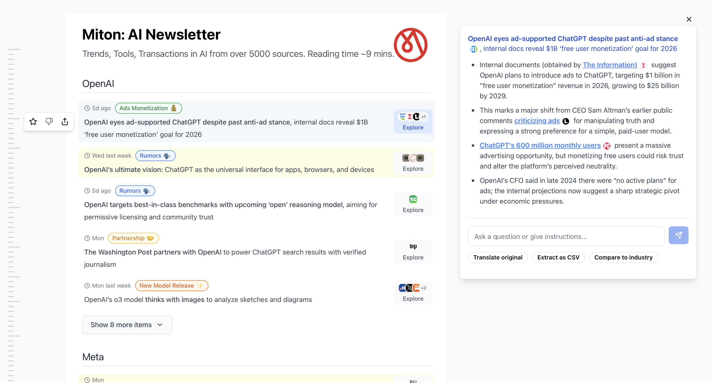 Screenshot of the Miton AI Newsletter report